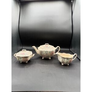 Vintage Johnson Brothers Pink Floral Covered Teapot, Sugar&Creamer Set